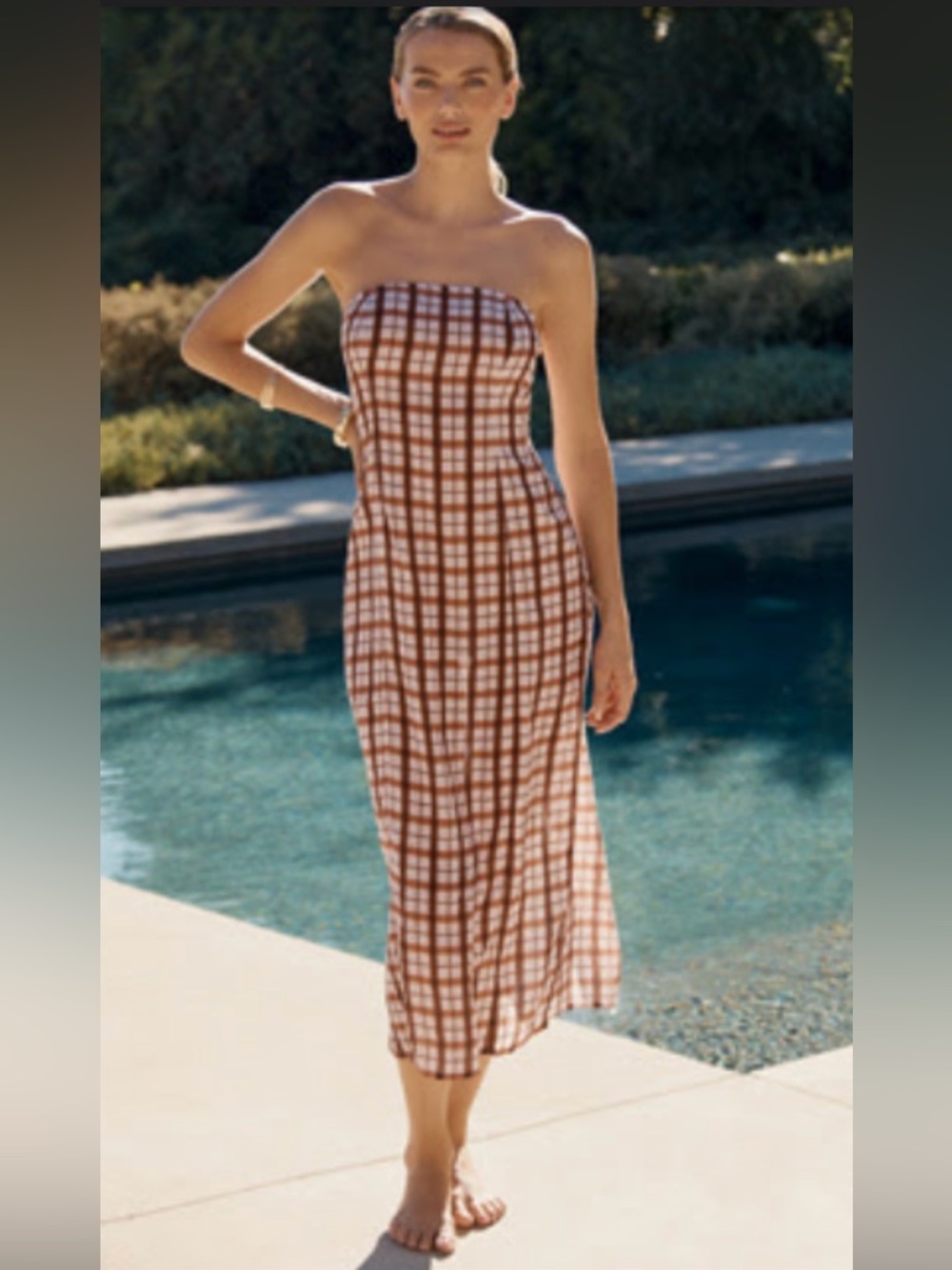 Anthropologie Linen Strapless Aliza Plaid Smocked Dress S M pink brown crème